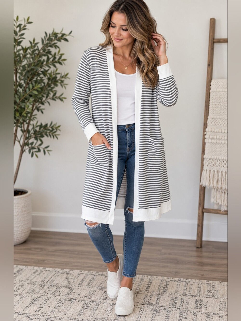 Tickled Teal Gray & White Striped Open-Front Cardigan